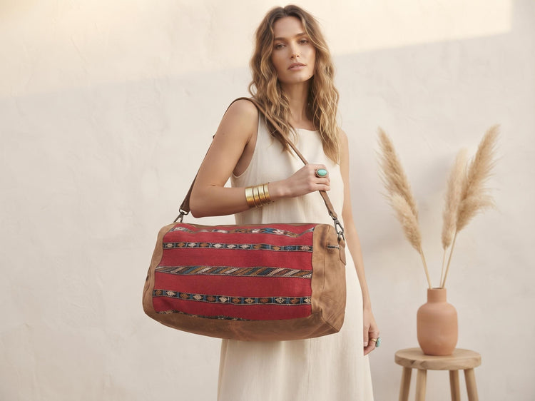 Vintage Moroccan Kilim Carpet Travel Bag, Large Leather Duffle, Boho Weekender Holdall, Hippie Festival Bag, Vintage Leather Bag