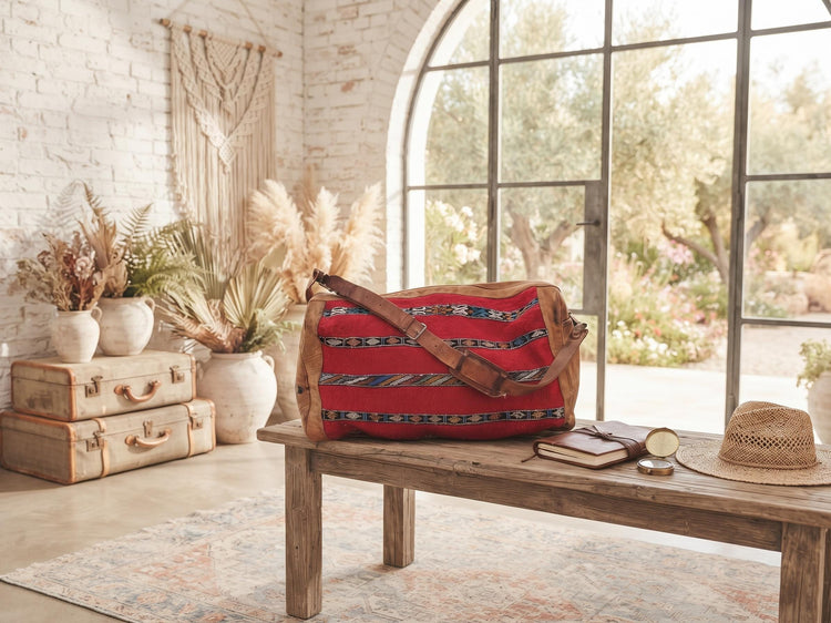 Vintage Moroccan Kilim Carpet Travel Bag, Large Leather Duffle, Boho Weekender Holdall, Hippie Festival Bag, Vintage Leather Bag