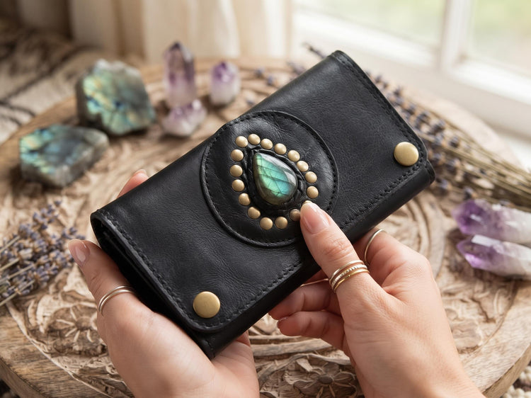 Mini Leather Wallet,  Tobacco Case, Weed Smoking Kit, Travel Organiser Pouch, Small Labradorite Stone Purse, Cigarette Holder