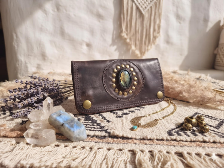 Mini Leather Wallet,  Tobacco Case, Weed Smoking Kit, Travel Organiser Pouch, Small Labradorite Stone Purse, Cigarette Holder