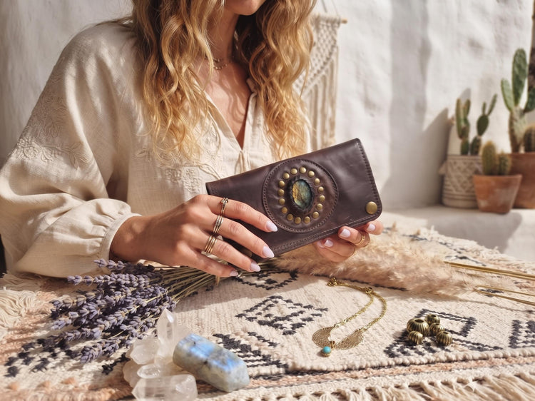 Mini Leather Wallet,  Tobacco Case, Weed Smoking Kit, Travel Organiser Pouch, Small Labradorite Stone Purse, Cigarette Holder