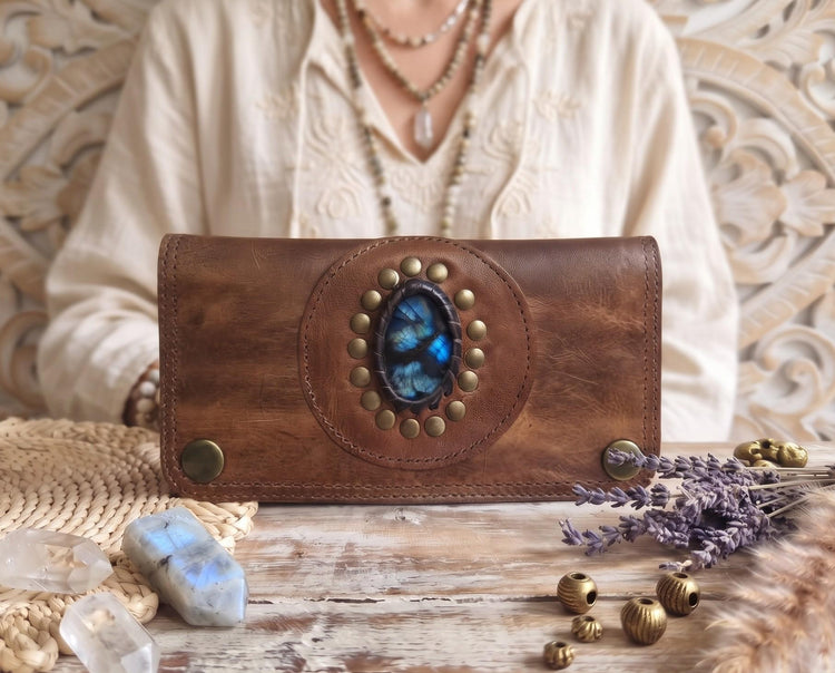 Mini Leather Wallet,  Tobacco Case, Weed Smoking Kit, Travel Organiser Pouch, Small Labradorite Stone Purse, Cigarette Holder