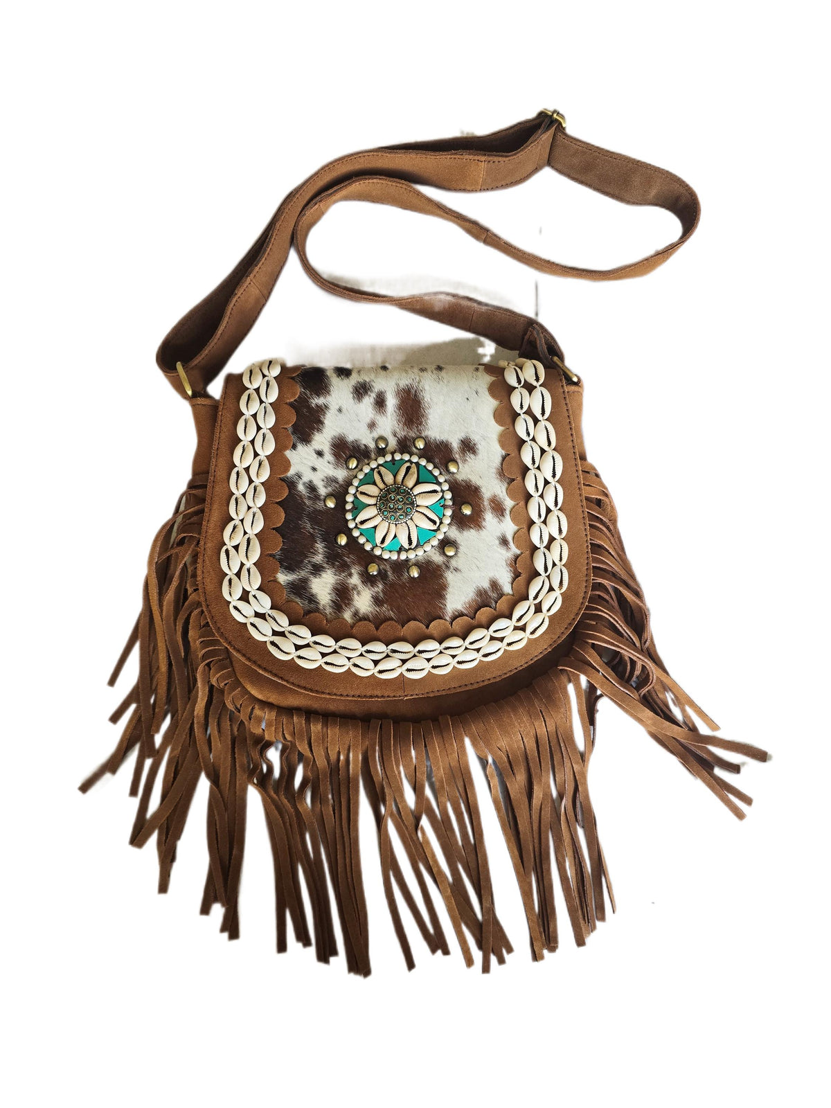 Boho Fringe Leather Crossbody Bag, Cowhide Western Purse, Turquoise Stone Cowgirl Handbag, Hippie Festival Shoulder Bag