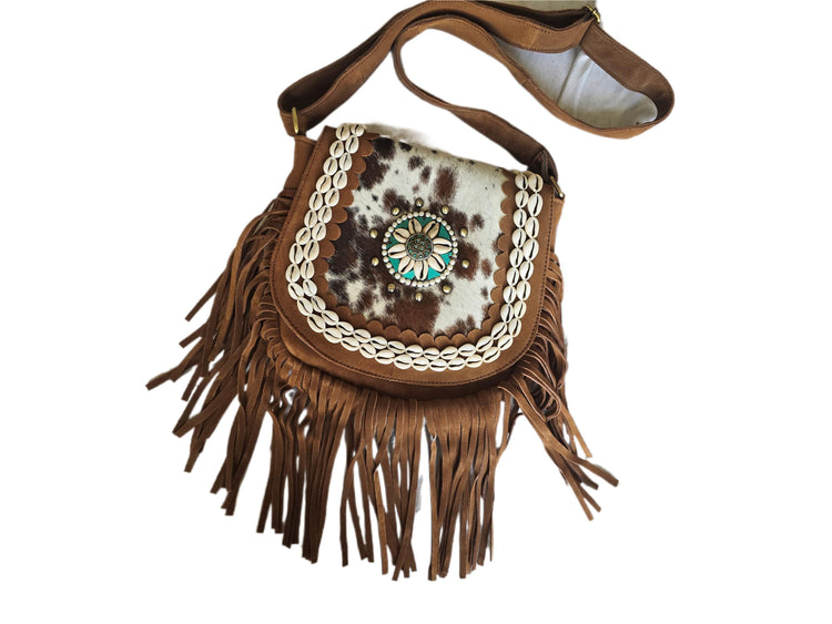 Boho Fringe Leather Crossbody Bag, Cowhide Western Purse, Turquoise Stone Cowgirl Handbag, Hippie Festival Shoulder Bag