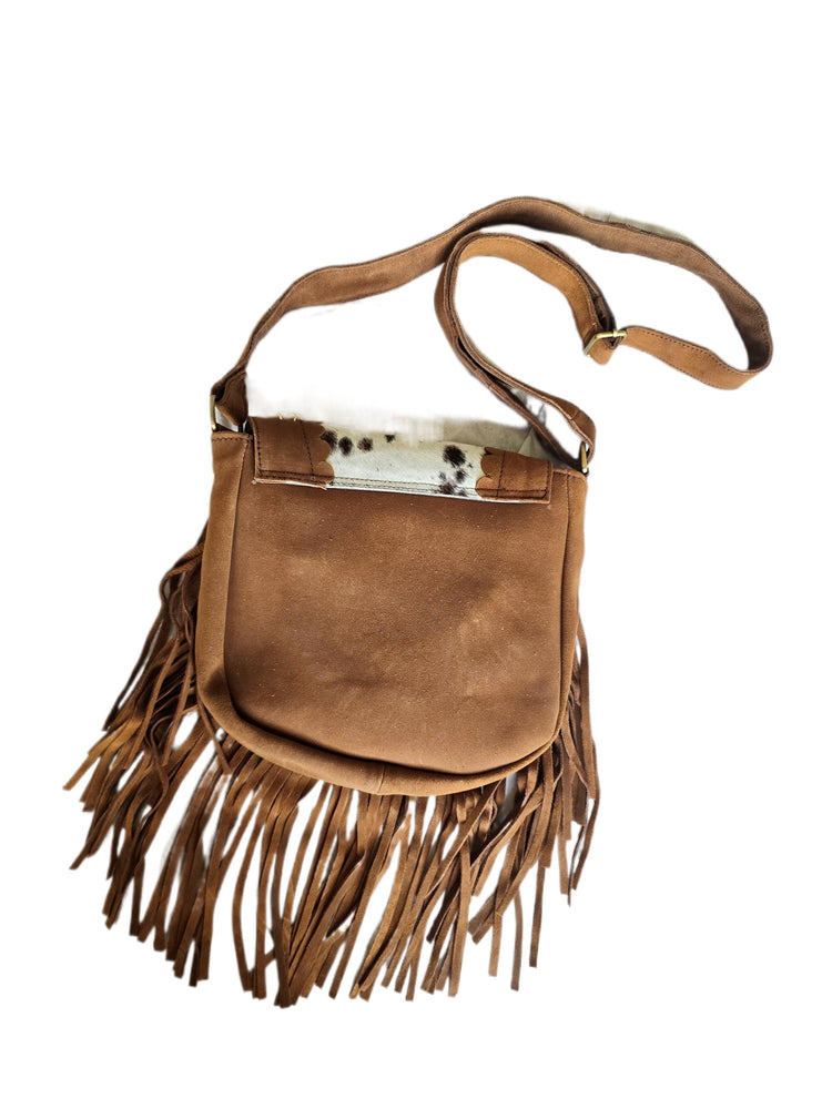 Boho Fringe Leather Crossbody Bag, Cowhide Western Purse, Turquoise Stone Cowgirl Handbag, Hippie Festival Shoulder Bag