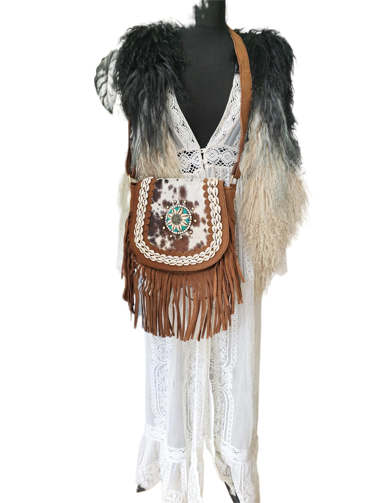 Boho Fringe Leather Crossbody Bag, Cowhide Western Purse, Turquoise Stone Cowgirl Handbag, Hippie Festival Shoulder Bag