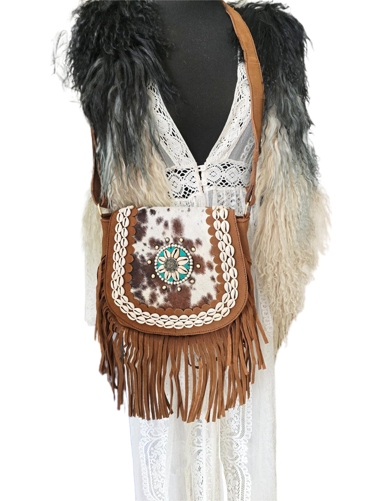 Boho Fringe Leather Crossbody Bag, Cowhide Western Purse, Turquoise Stone Cowgirl Handbag, Hippie Festival Shoulder Bag