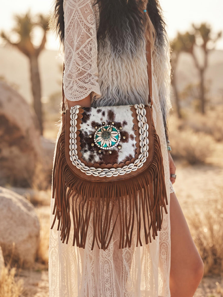 Boho Fringe Leather Crossbody Bag, Cowhide Western Purse, Turquoise Stone Cowgirl Handbag, Hippie Festival Shoulder Bag