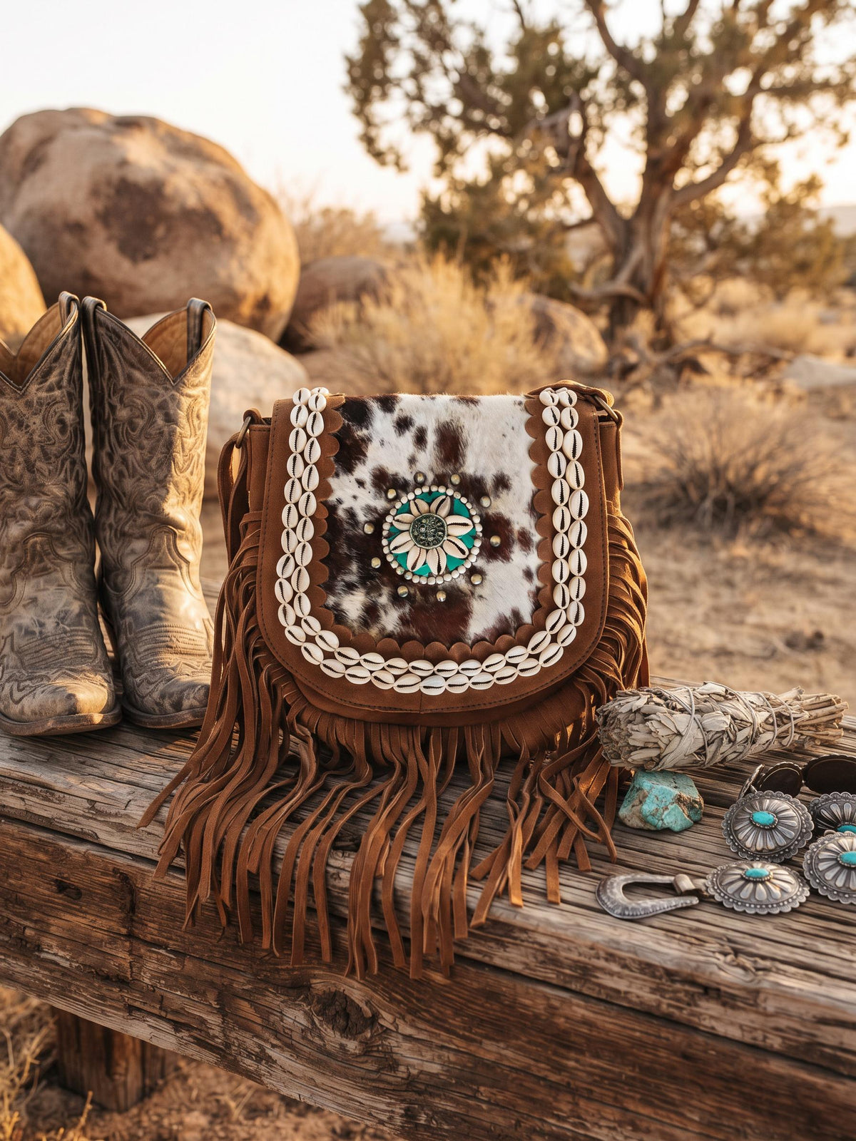 Boho Fringe Leather Crossbody Bag, Cowhide Western Purse, Turquoise Stone Cowgirl Handbag, Hippie Festival Shoulder Bag