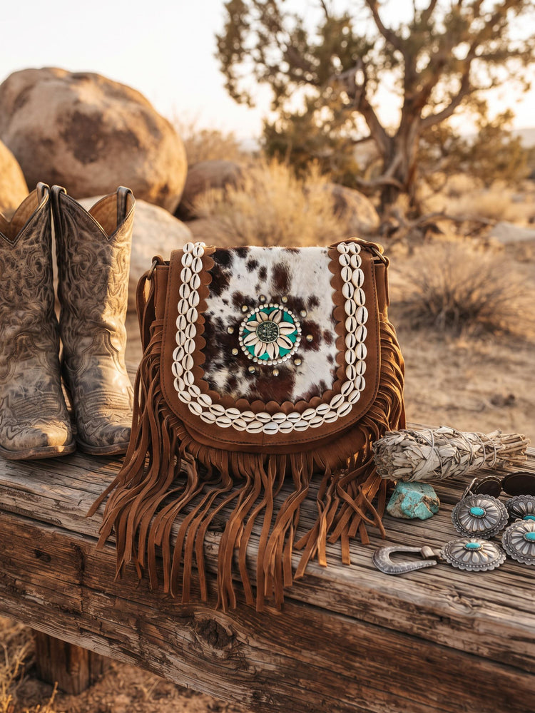 Boho Fringe Leather Crossbody Bag, Cowhide Western Purse, Turquoise Stone Cowgirl Handbag, Hippie Festival Shoulder Bag