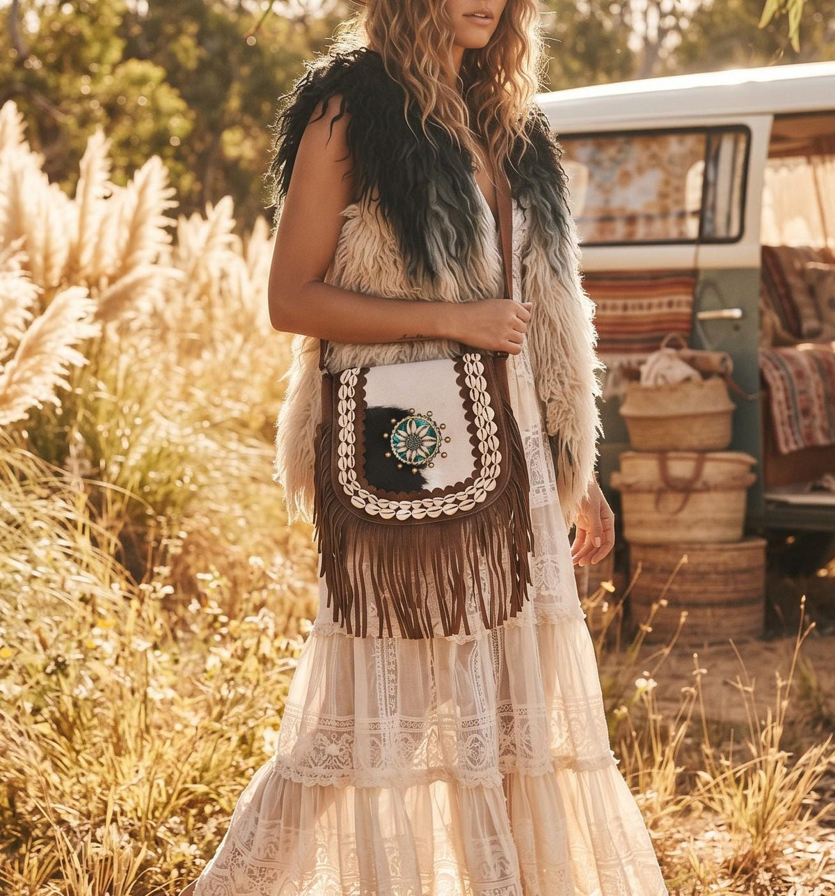 Western Leather Fringe Purse, Cowhide Shoulder Bag, Rustic Cowgirl Handbag, Bohemian Festival Crossbody with Turquoise Detail