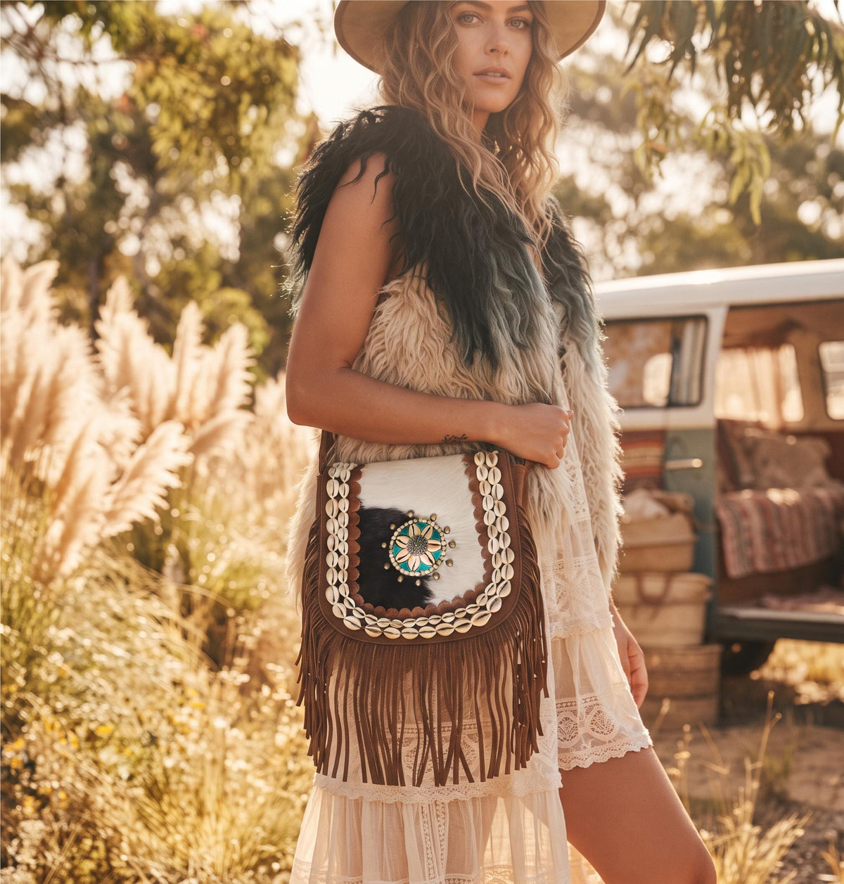 Western Leather Fringe Purse, Cowhide Shoulder Bag, Rustic Cowgirl Handbag, Bohemian Festival Crossbody with Turquoise Detail