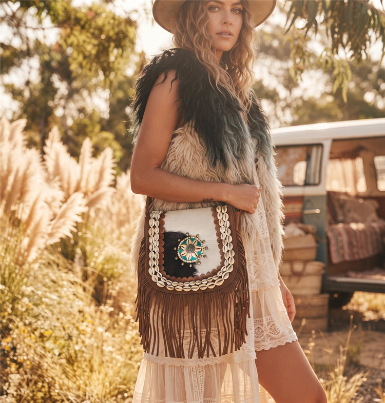 Western Leather Fringe Purse, Cowhide Shoulder Bag, Rustic Cowgirl Handbag, Bohemian Festival Crossbody with Turquoise Detail