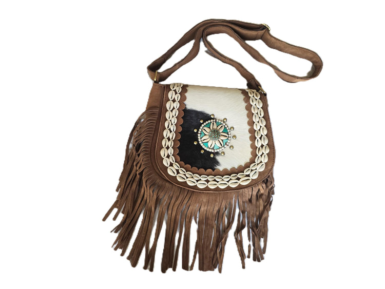 Western Leather Fringe Purse, Cowhide Shoulder Bag, Rustic Cowgirl Handbag, Bohemian Festival Crossbody with Turquoise Detail