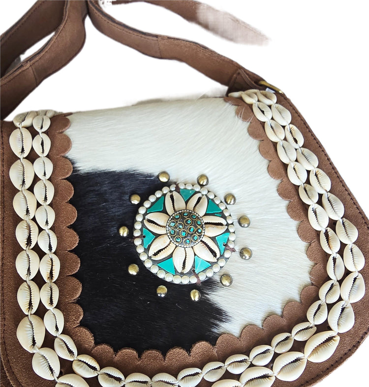 Western Leather Fringe Purse, Cowhide Shoulder Bag, Rustic Cowgirl Handbag, Bohemian Festival Crossbody with Turquoise Detail
