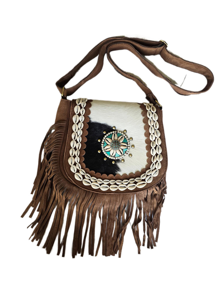 Western Leather Fringe Purse, Cowhide Shoulder Bag, Rustic Cowgirl Handbag, Bohemian Festival Crossbody with Turquoise Detail