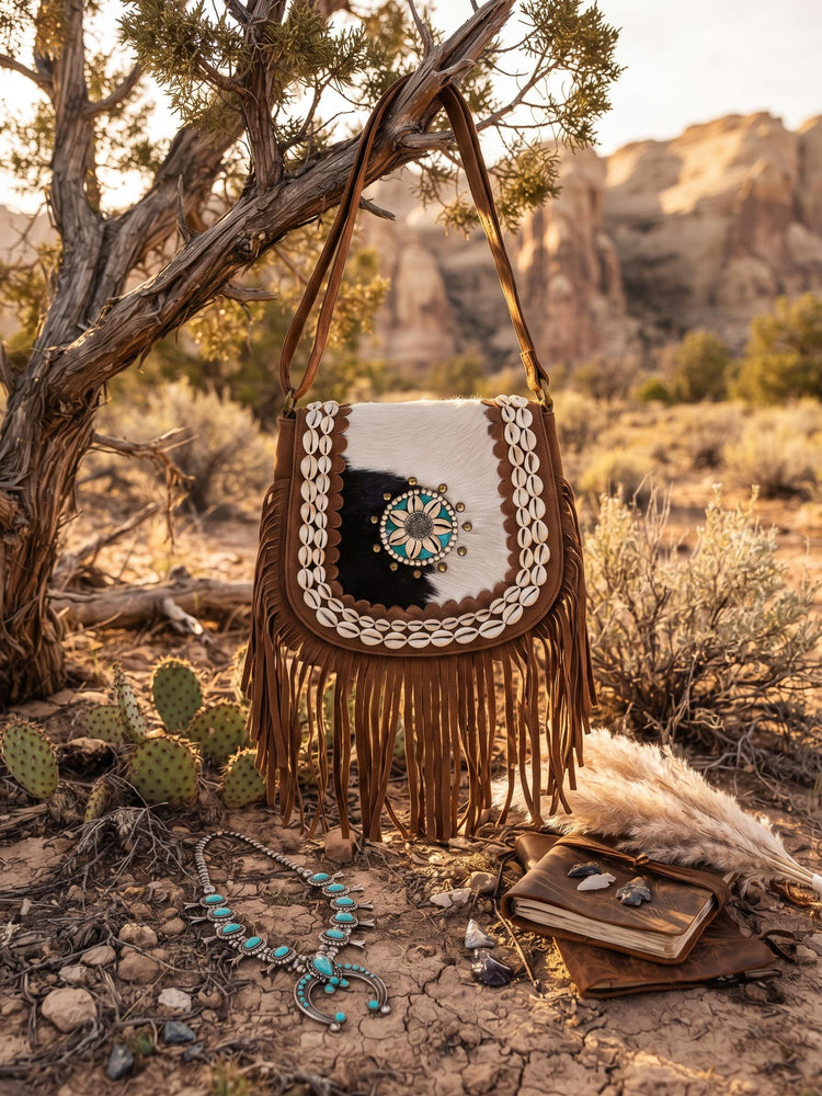 Western Leather Fringe Purse, Cowhide Shoulder Bag, Rustic Cowgirl Handbag, Bohemian Festival Crossbody with Turquoise Detail