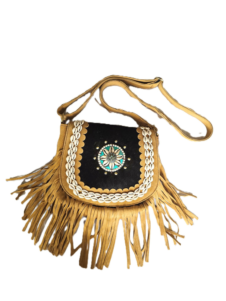 Southwestern Cowhide Handbag, Leather Tassel Purse, Rustic Boho Crossbody Bag, Turquoise Cowgirl Festival Accessory