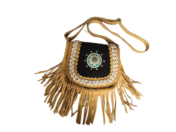 Southwestern Cowhide Handbag, Leather Tassel Purse, Rustic Boho Crossbody Bag, Turquoise Cowgirl Festival Accessory