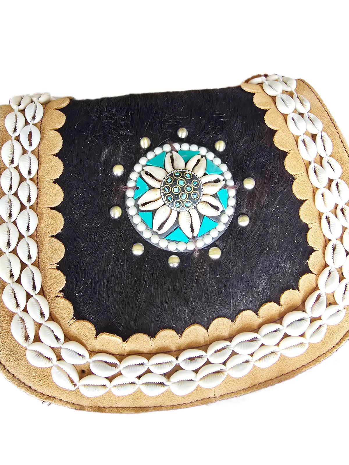 Southwestern Cowhide Handbag, Leather Tassel Purse, Rustic Boho Crossbody Bag, Turquoise Cowgirl Festival Accessory