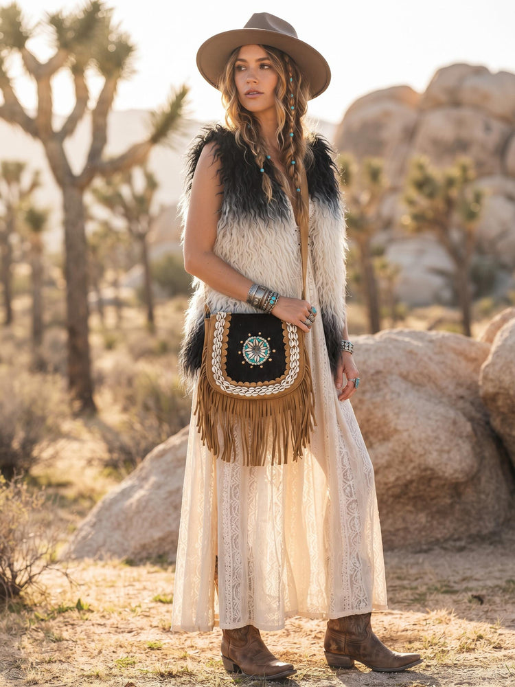 Southwestern Cowhide Handbag, Leather Tassel Purse, Rustic Boho Crossbody Bag, Turquoise Cowgirl Festival Accessory