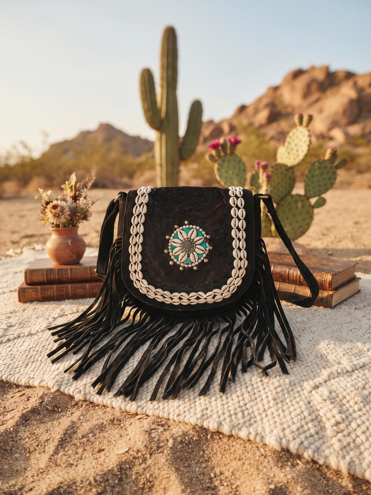 Black Suede Fringe Bag, Cowhide Western Crossbody Purse, Boho Hippie Handbag, Turquoise Festival Bag with Cowrie Shells