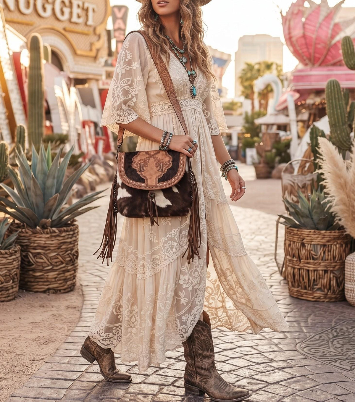 Tooled Leather Cowhide Crossbody Bag: Western Pistol Design with Fringe