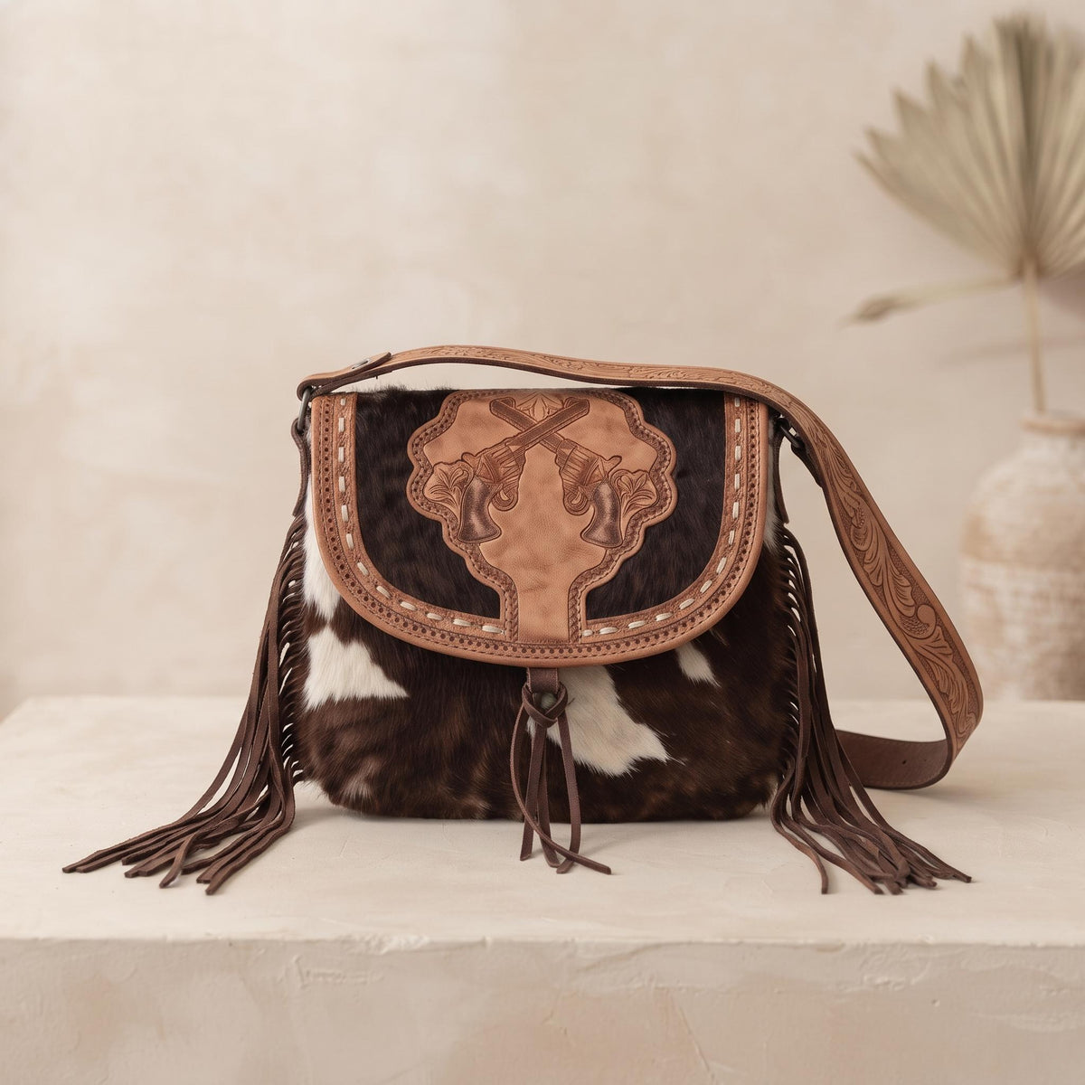 Tooled Leather Cowhide Crossbody Bag & Wallet Set: Western Pistol Design
