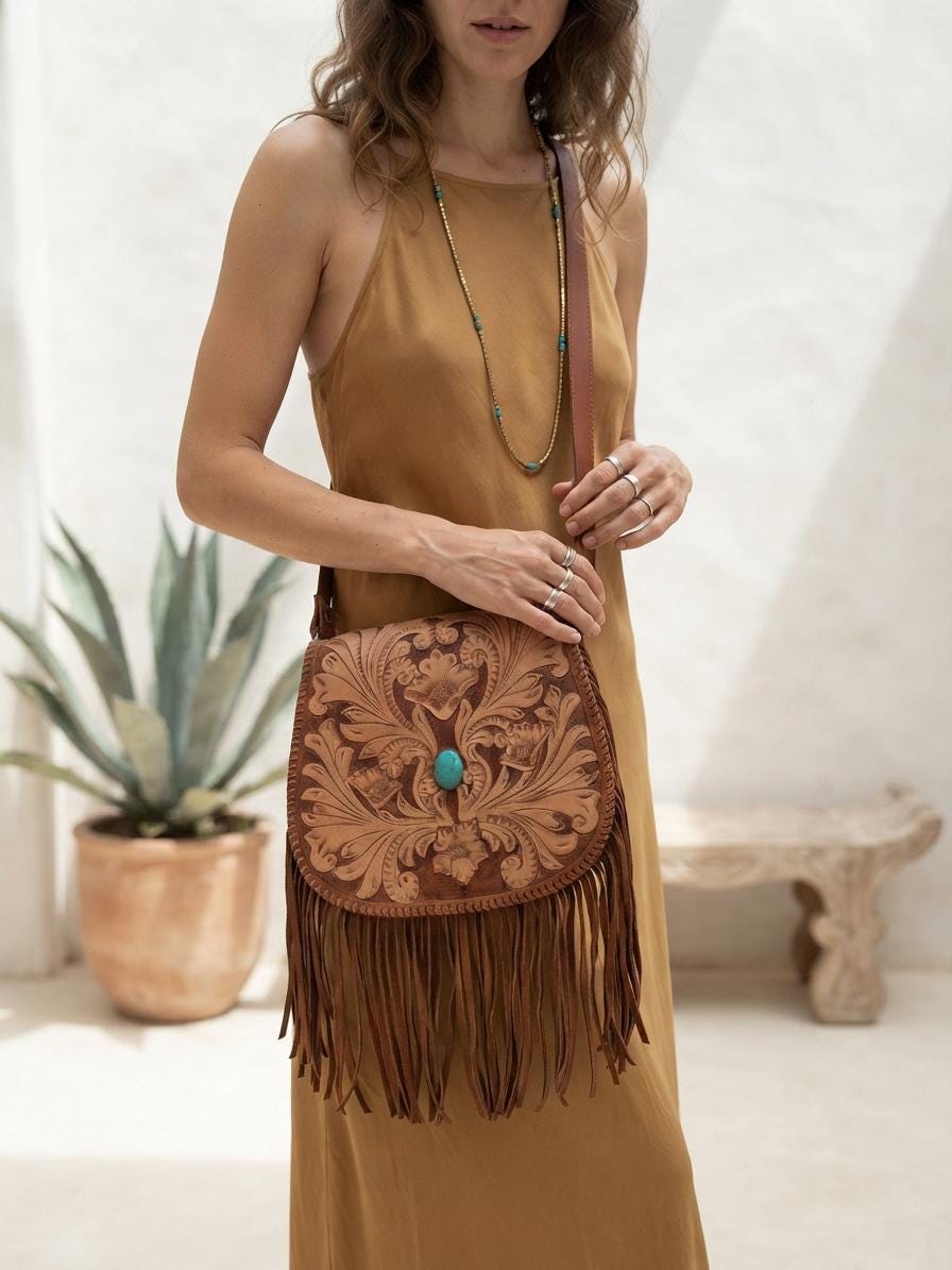 Western Fringe Leather Purse, Turquoise Tooled Crossbody Bag, Floral Boho Handbag, Cowgirl Tassel Bag, Hippie Leather Festival Purse