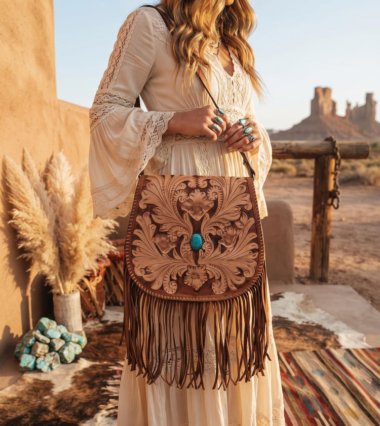 Western Fringe Leather Purse, Turquoise Tooled Crossbody Bag, Floral Boho Handbag, Cowgirl Tassel Bag, Hippie Leather Festival Purse