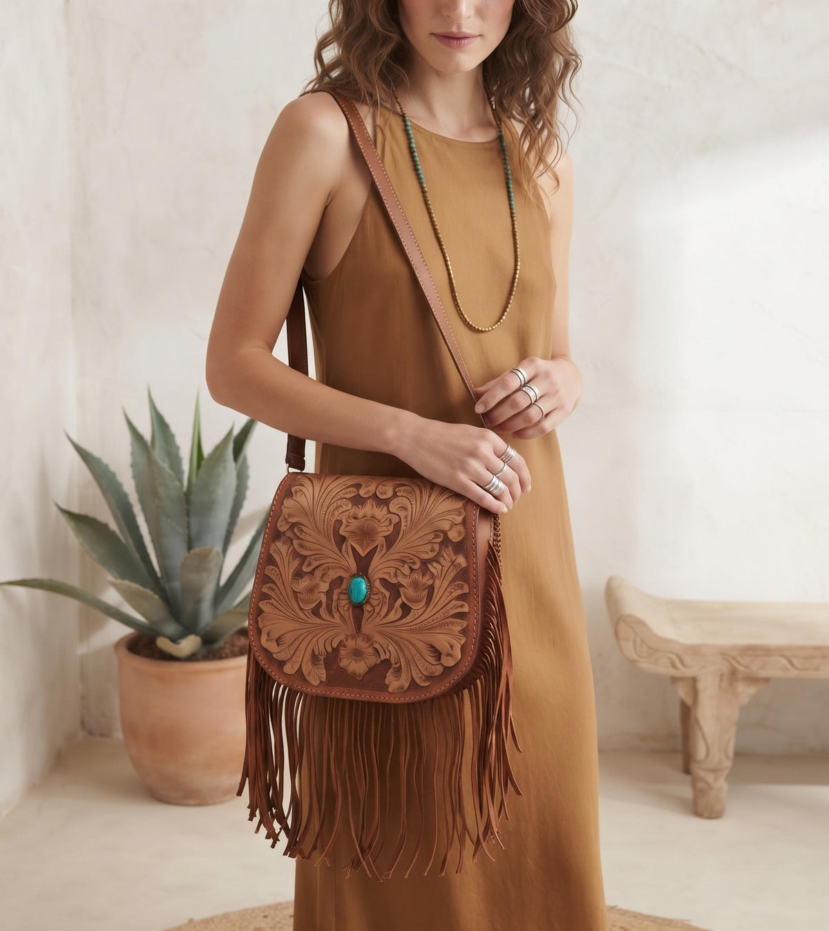 Western Fringe Leather Purse, Turquoise Tooled Crossbody Bag, Floral Boho Handbag, Cowgirl Tassel Bag, Hippie Leather Festival Purse