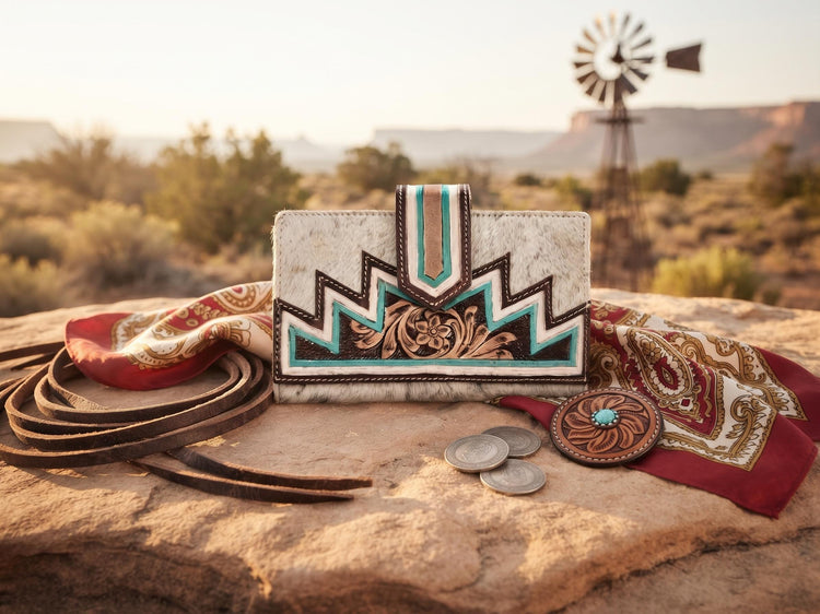 Western Cowhide Fringe Handbag Set, Tooled Leather Cowgirl Purse, Turquoise Crossbody Bag & Wallet, Boho Western Gift, Rodeo Bag