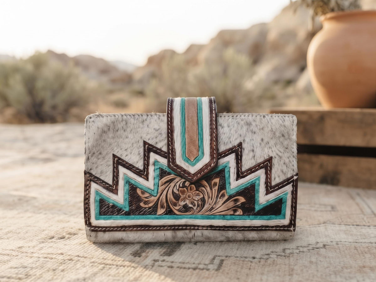 Western Cowhide Fringe Handbag Set, Tooled Leather Cowgirl Purse, Turquoise Crossbody Bag & Wallet, Boho Western Gift, Rodeo Bag