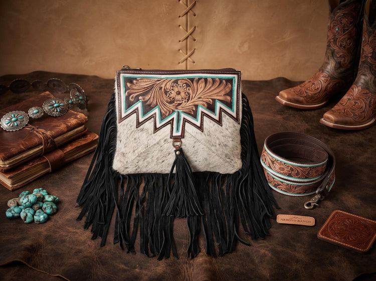 Western Cowhide Fringe Handbag Set, Tooled Leather Cowgirl Purse, Turquoise Crossbody Bag & Wallet, Boho Western Gift, Rodeo Bag