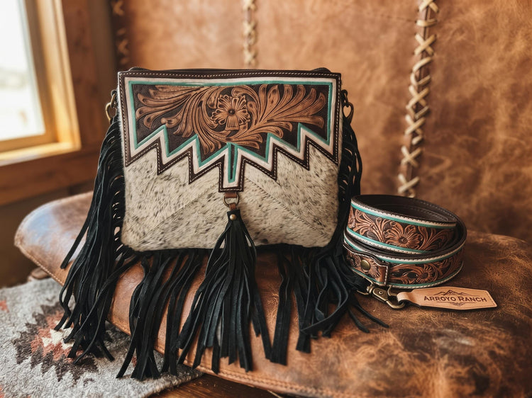 Tooled Leather Cowhide Fringe Bag Set: Western Cowgirl Purse & Wallet