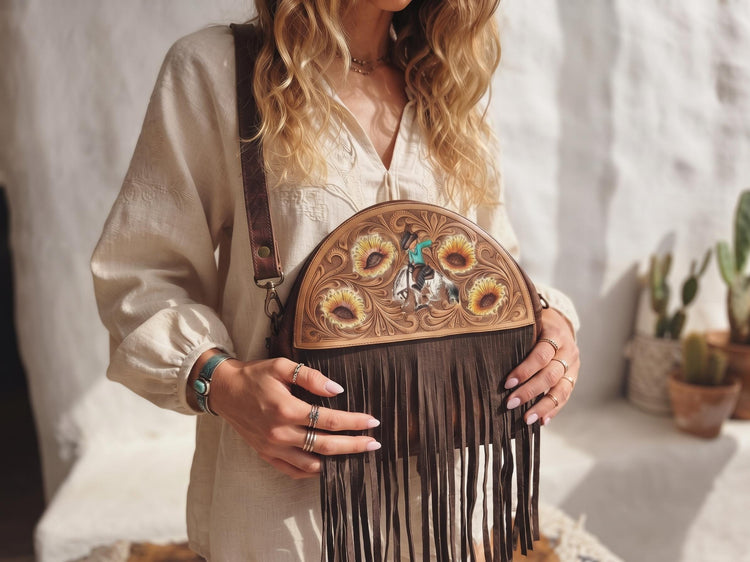 Western Leather Fringe Purse, Hand Tooled Sunflower Cowgirl Bag, Rodeo Horse Crossbody, Southwestern Boho Leather Handbag, Festival Bag