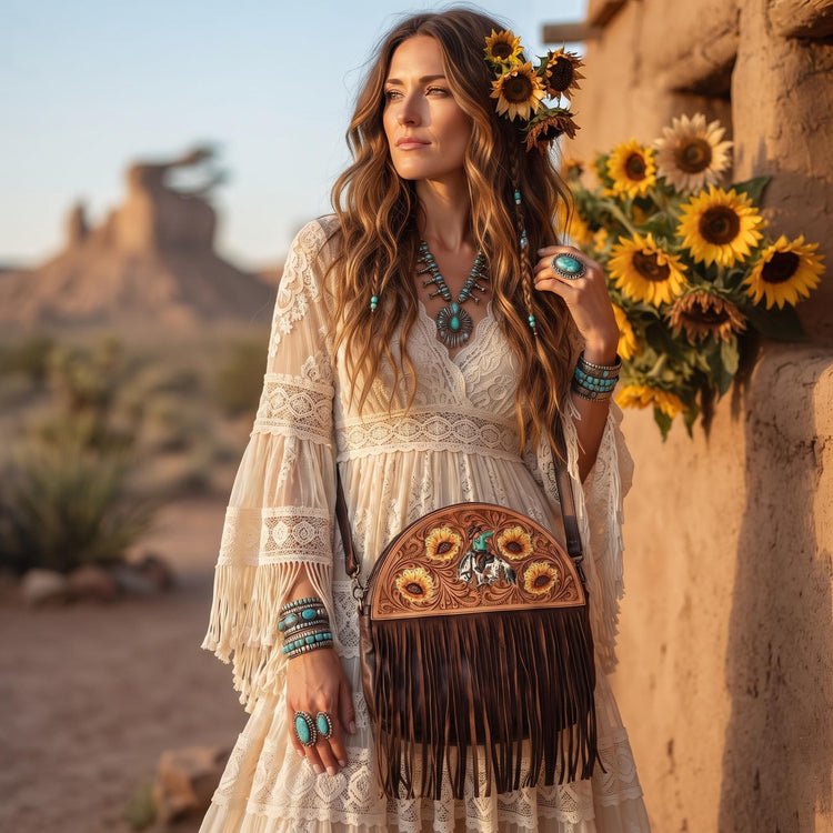 Western Leather Fringe Purse, Hand Tooled Sunflower Cowgirl Bag, Rodeo Horse Crossbody, Southwestern Boho Leather Handbag, Festival Bag