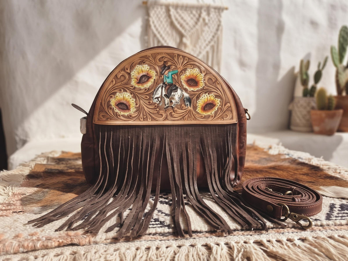 Western Leather Fringe Purse, Hand Tooled Sunflower Cowgirl Bag, Rodeo Horse Crossbody, Southwestern Boho Leather Handbag, Festival Bag
