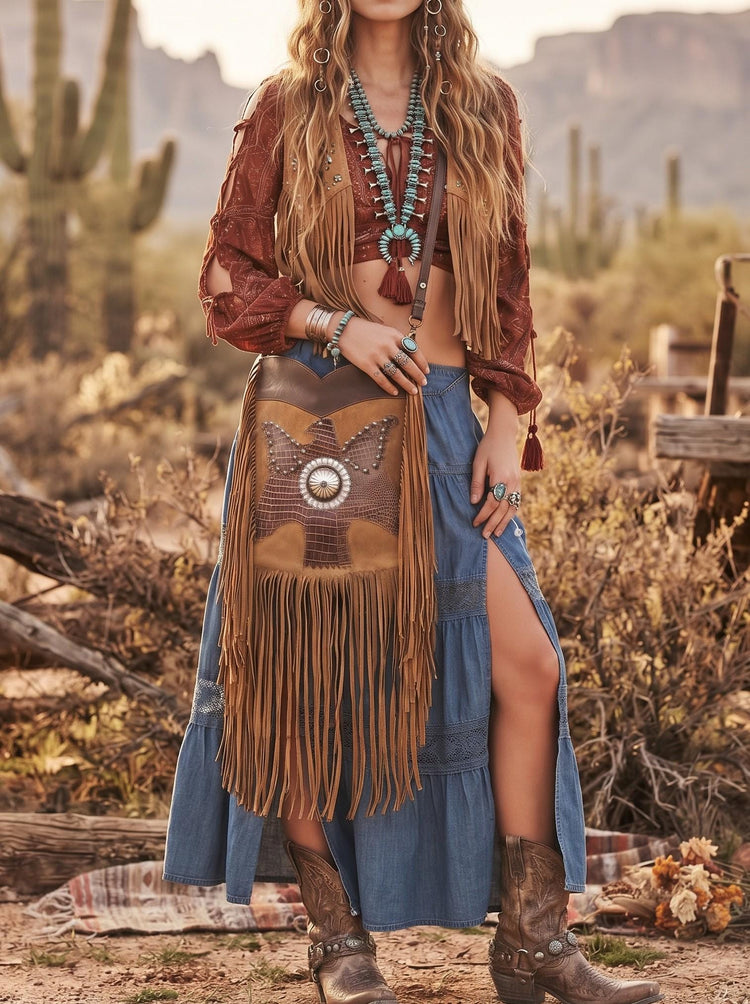 Large Western Leather Fringe Bag, Tooled Eagle Crossbody Purse, Boho Hippie Shoulder Bag, Southwestern Leather Handbag, Festival Bag