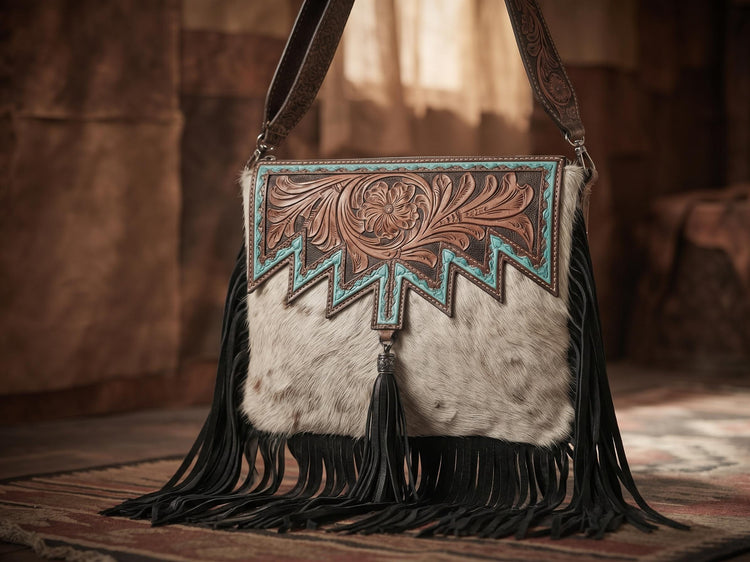 Tooled Leather Cowhide Wallet Set: Western Turquoise Clutch & Crossbody Bag