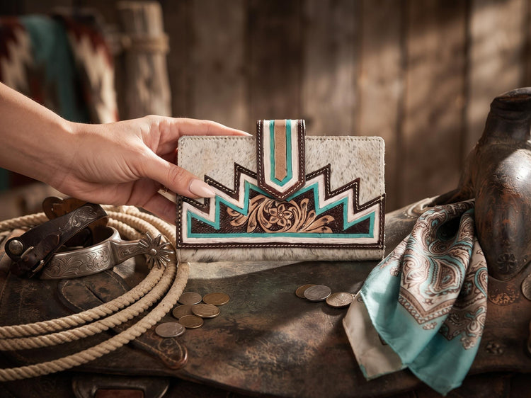 Tooled Leather Cowhide Wallet Set: Western Turquoise Clutch & Crossbody Bag