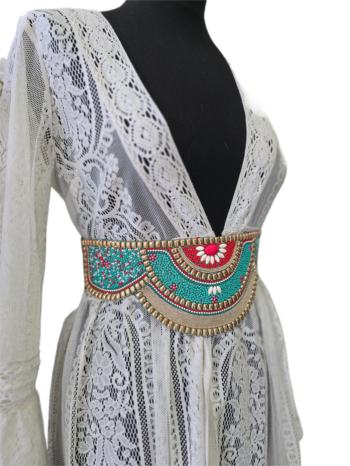 Black Beaded Waist Belt, Turquoise Red Gold Stretch Belt, Ethnic Boho Waist Accessory, Hippie Festival Dress Belt for Women