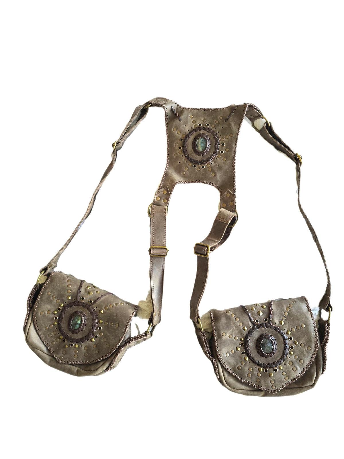 Leather Holster Bag, Steampunk Chest Pouch, Labradorite Festival Utility Belt, Brown Leather Biker Crossbody Bag