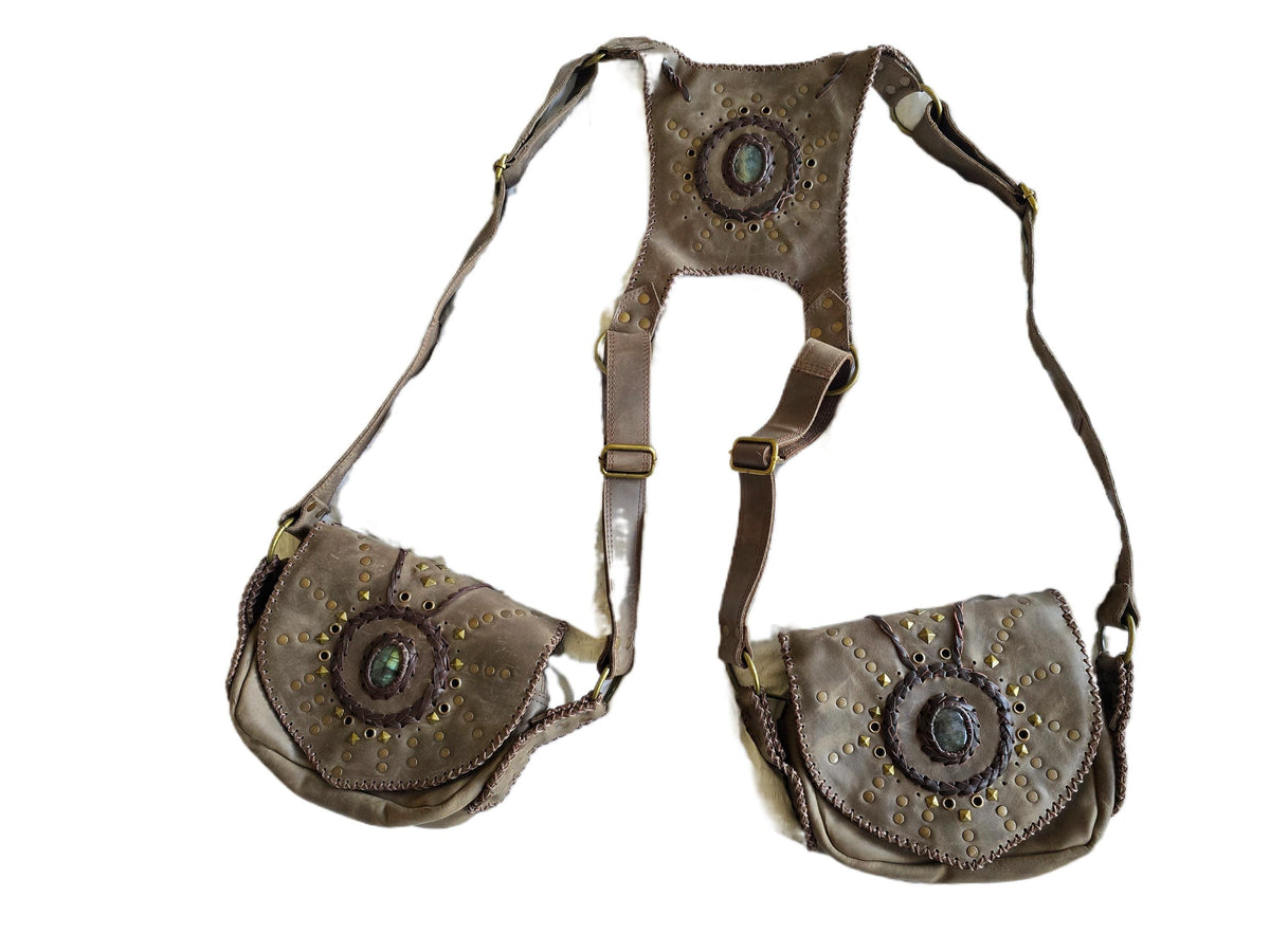 Leather Holster Bag, Steampunk Chest Pouch, Labradorite Festival Utility Belt, Brown Leather Biker Crossbody Bag