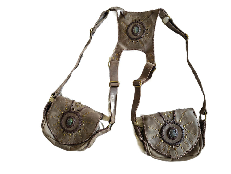 Leather Holster Bag, Steampunk Chest Pouch, Labradorite Festival Utility Belt, Brown Leather Biker Crossbody Bag