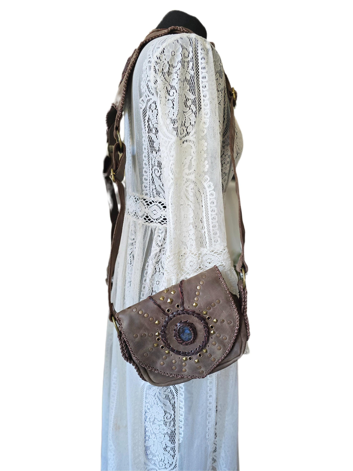 Leather Holster Bag, Steampunk Chest Pouch, Labradorite Festival Utility Belt, Brown Leather Biker Crossbody Bag