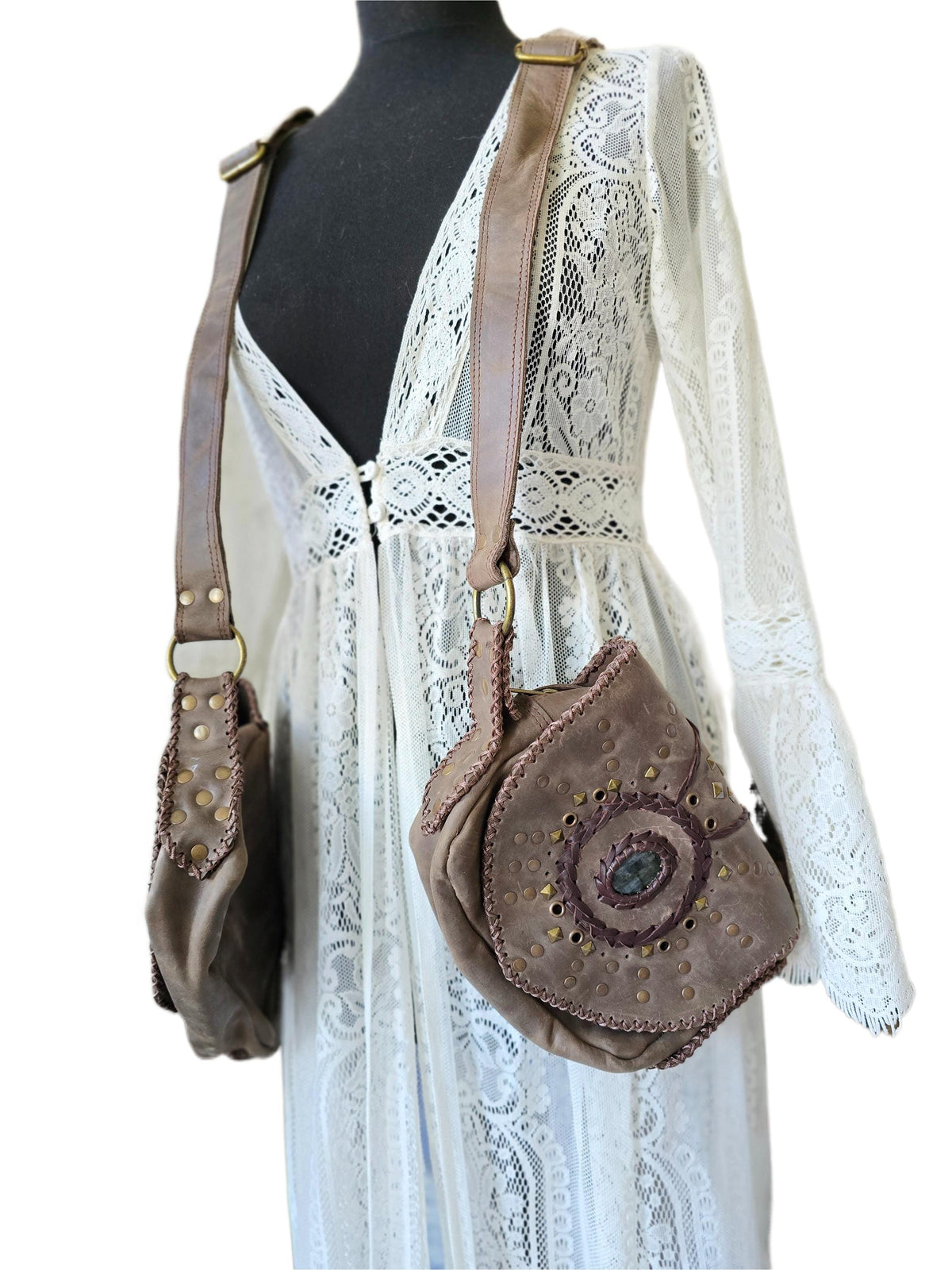 Leather Holster Bag, Steampunk Chest Pouch, Labradorite Festival Utility Belt, Brown Leather Biker Crossbody Bag