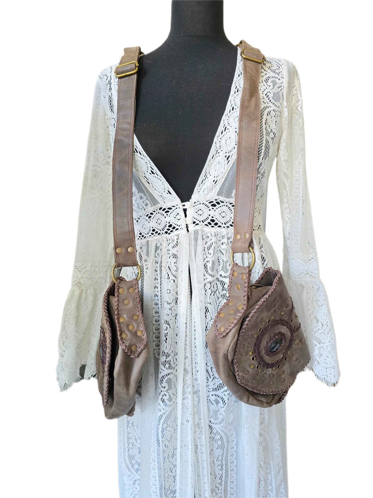 Leather Holster Bag, Steampunk Chest Pouch, Labradorite Festival Utility Belt, Brown Leather Biker Crossbody Bag