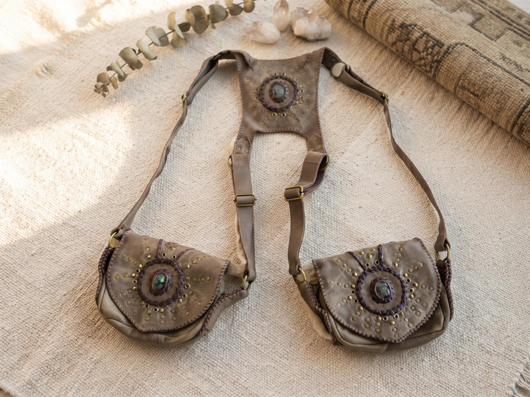 Leather Holster Bag, Steampunk Chest Pouch, Labradorite Festival Utility Belt, Brown Leather Biker Crossbody Bag