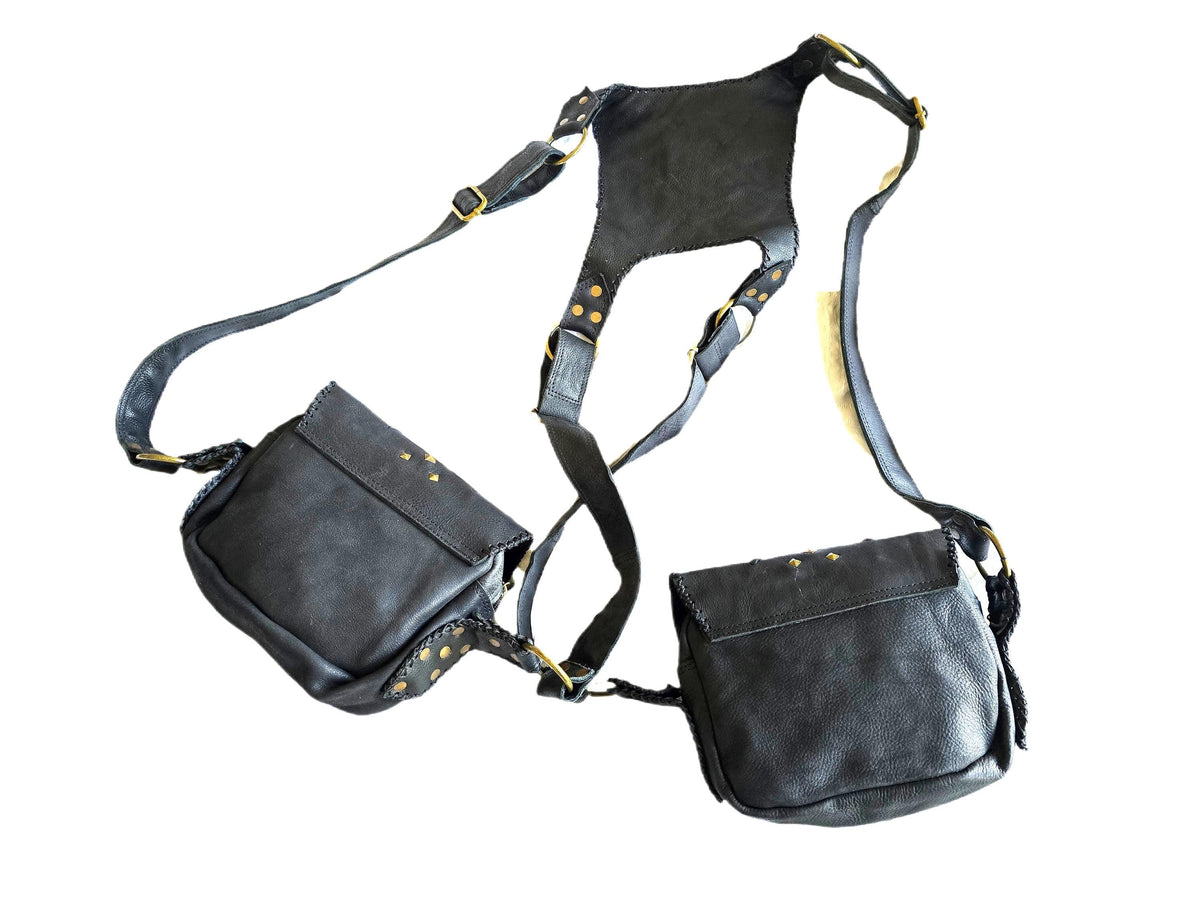 Black Leather Utility Bag, Labradorite Steampunk Pouch, Double Pocket Festival Holster, Rustic Biker Chest Bag